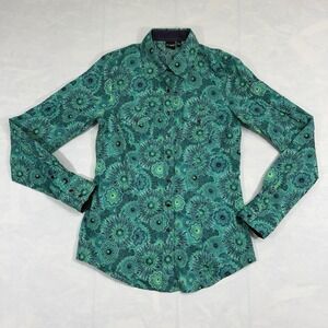 Cruel Western Snap Shirt Teal Floral Print Long Sleeve Button Front Women's M